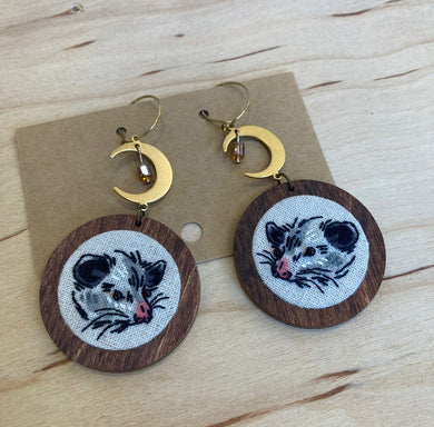 Thistle Finch Embroidered Opossum Earrings