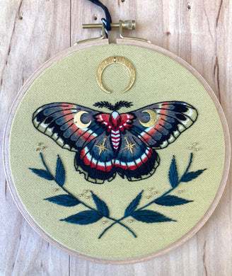 Thistle Finch Moth Embroidery Hoop