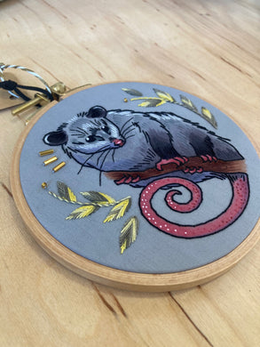 Thistle Finch Opossum Embroidery Hoop
