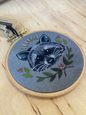 Thistle Finch Raccoon Embroidery Hoop