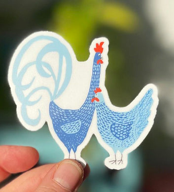 Amy Rice Blue Folk Art Chickens Sticker
