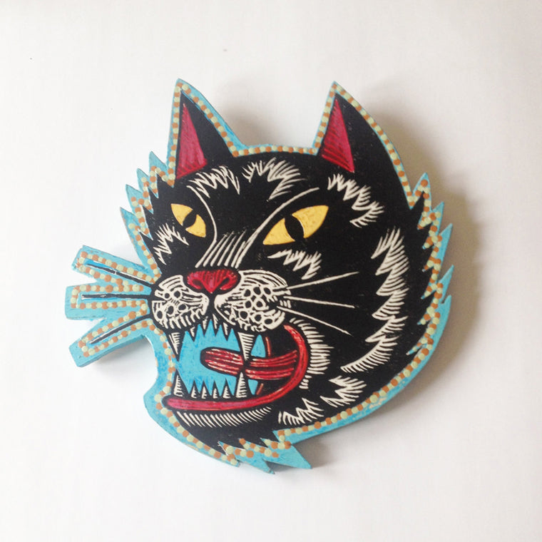 Horse & Hare Black Cat Linocut on Wood